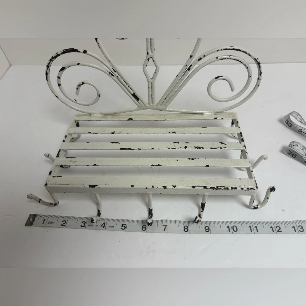 Vintage White Metal Wall Shelf With Cup Hooks